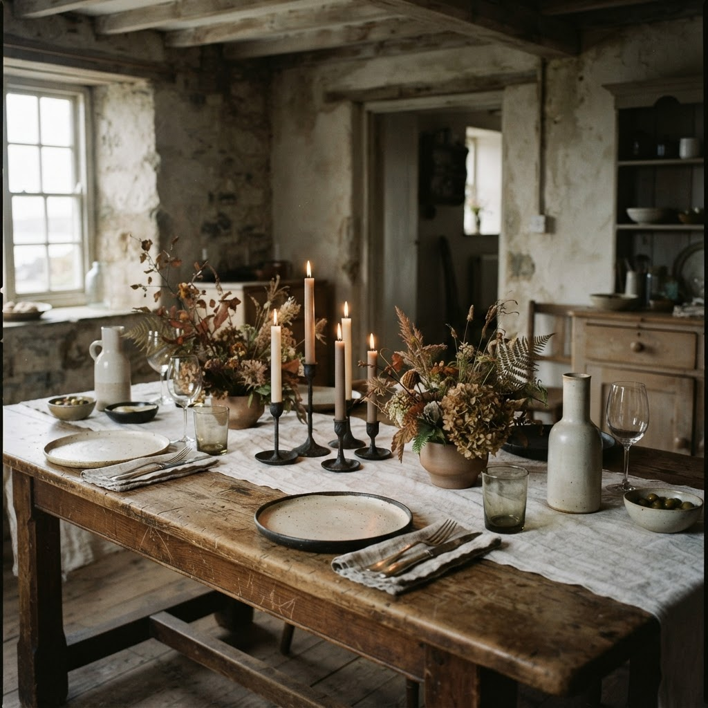 Intimate gathering table set with taper candles, low florals, and linen in an aged interior