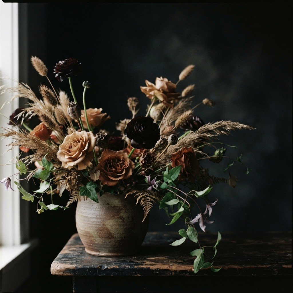 Moody dark floral arrangement in a stoneware vessel against a near-black background