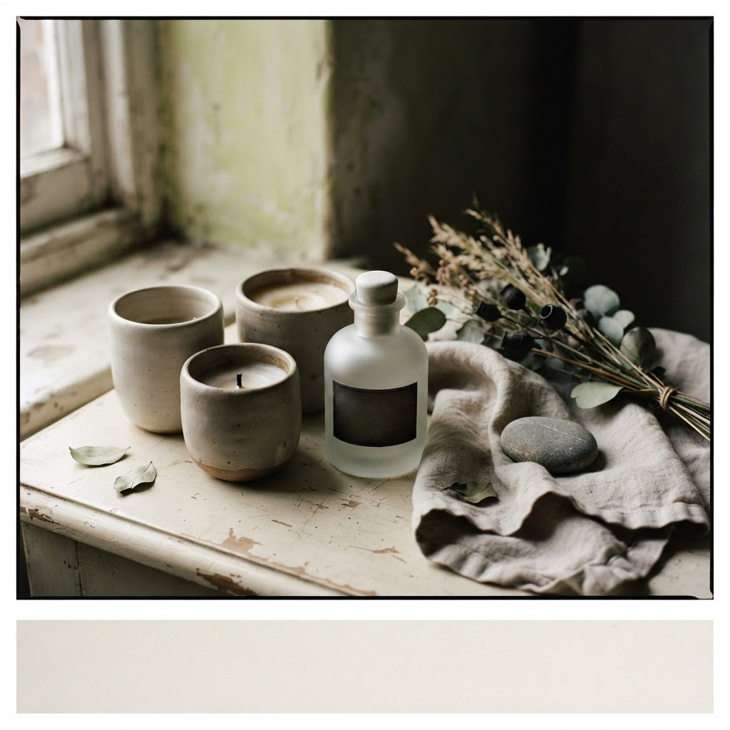 Still life of candle vessels, a fragrance bottle, and dried botanicals on an aged ivory surface