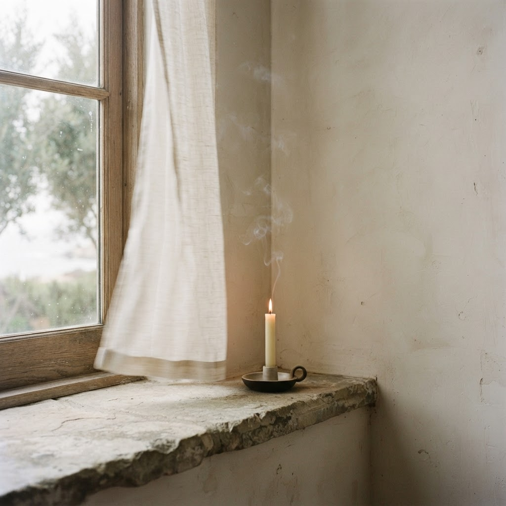 Quiet corner of a home in soft coastal light with a single lit candle and moving curtain